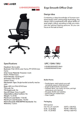 High Back Red Ergonomic Office Chair Class 4 Gas Lift Nylon Base PA6 GF30